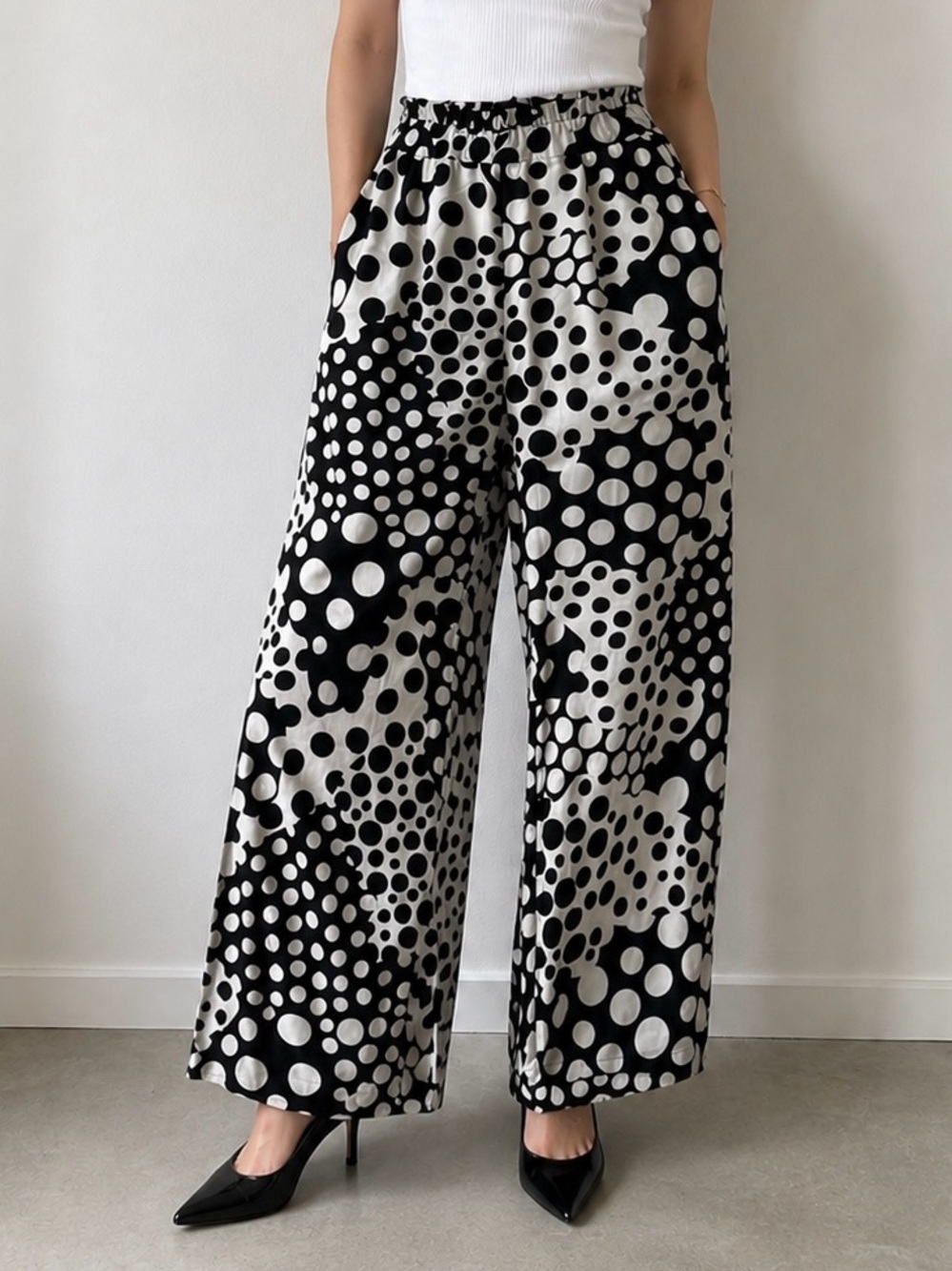 Valentine Black & White Polka Dot Wide Leg Pants, Large